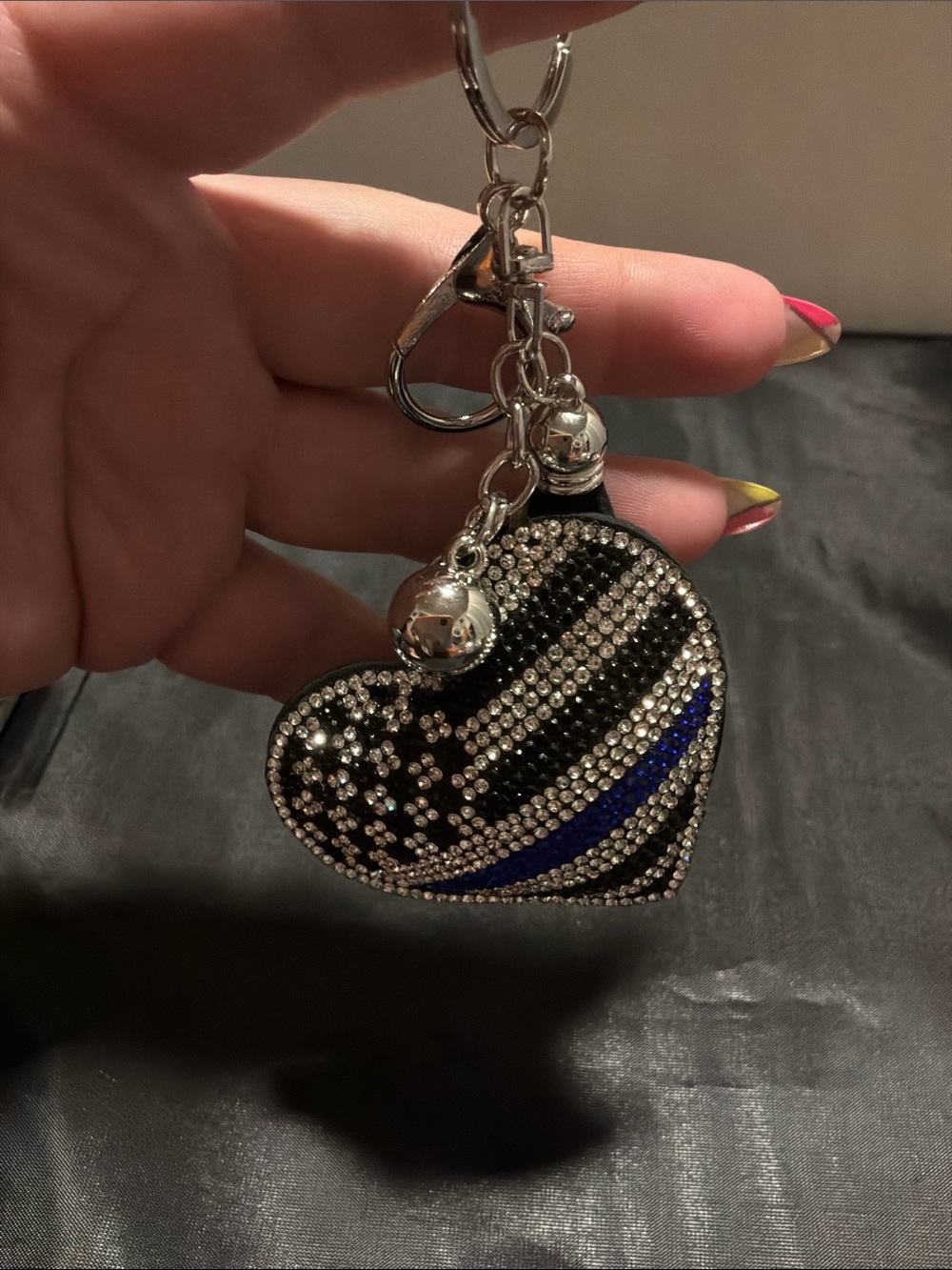 Crystal Heart Keychain Charm in Black, Silver & Blue - Picture 2 of 2